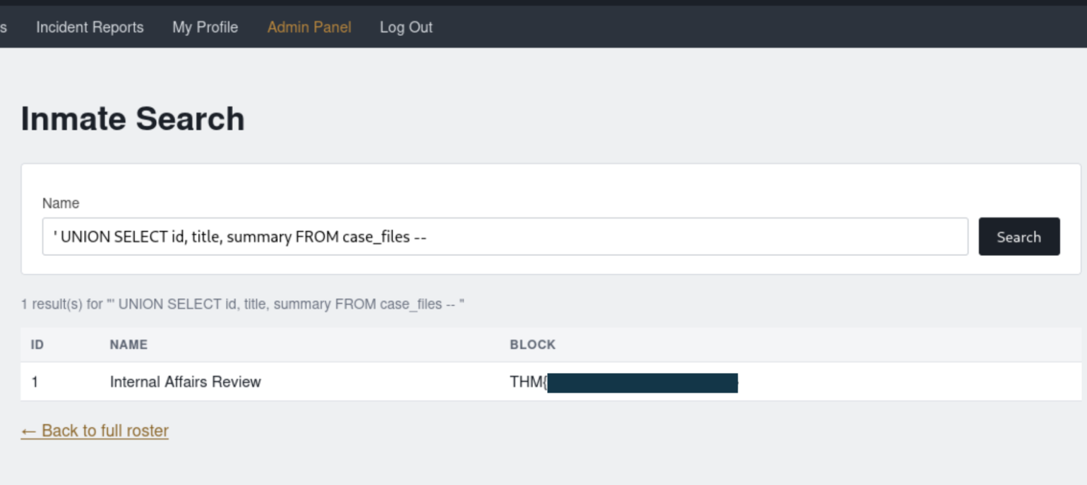 UNION-based SQL injection returning the hidden flag from case_files
